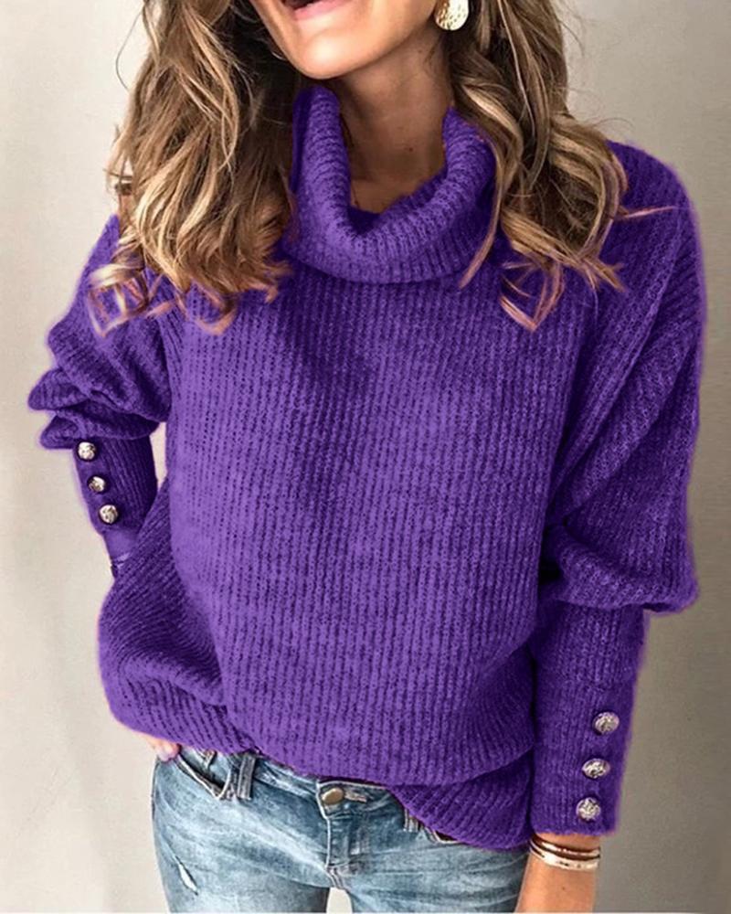 Solid Button Detail Ribbed High Neck Sweater-Pinkami