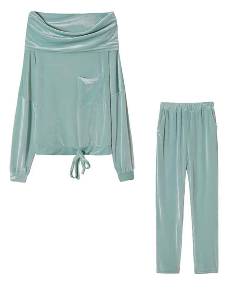 Solid Velvet Drawstring Boat Neck Top & Pants Set-Pinkami