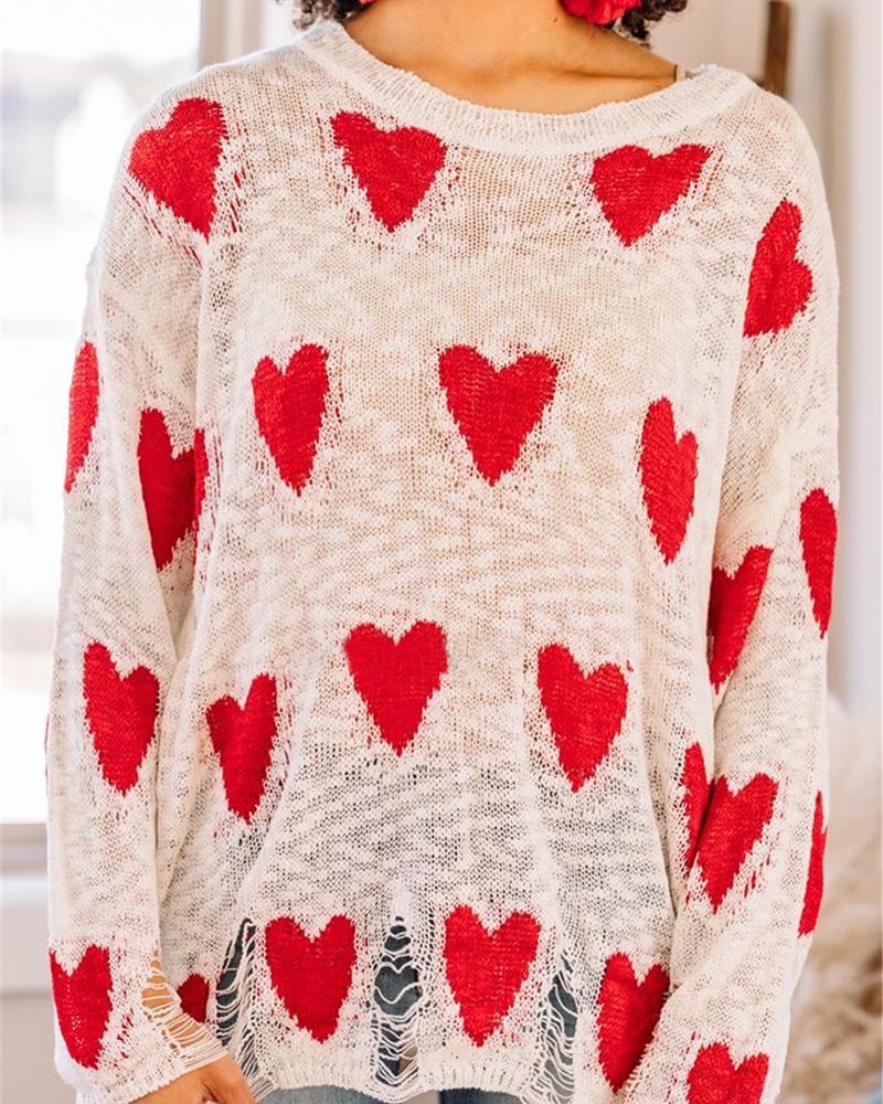 Heart Pattern Print Ripped Boat Neck Sweater-Pinkami