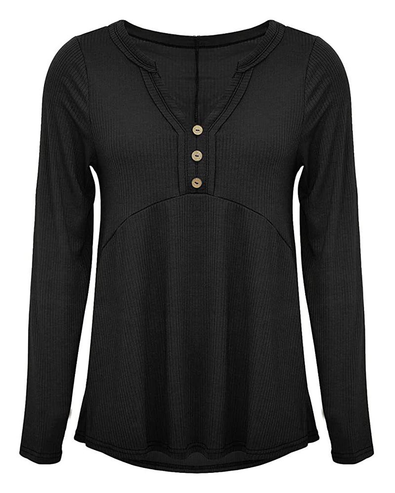 Button Front Rib-Knit V Neck Sweater