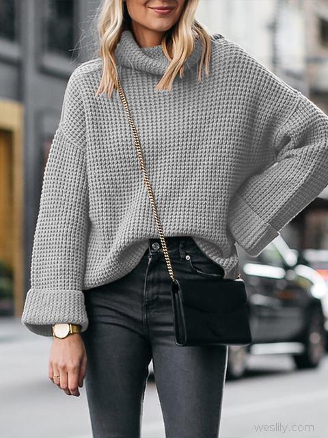 Solid Turtleneck Knitting Loose Sweater-Pinkami