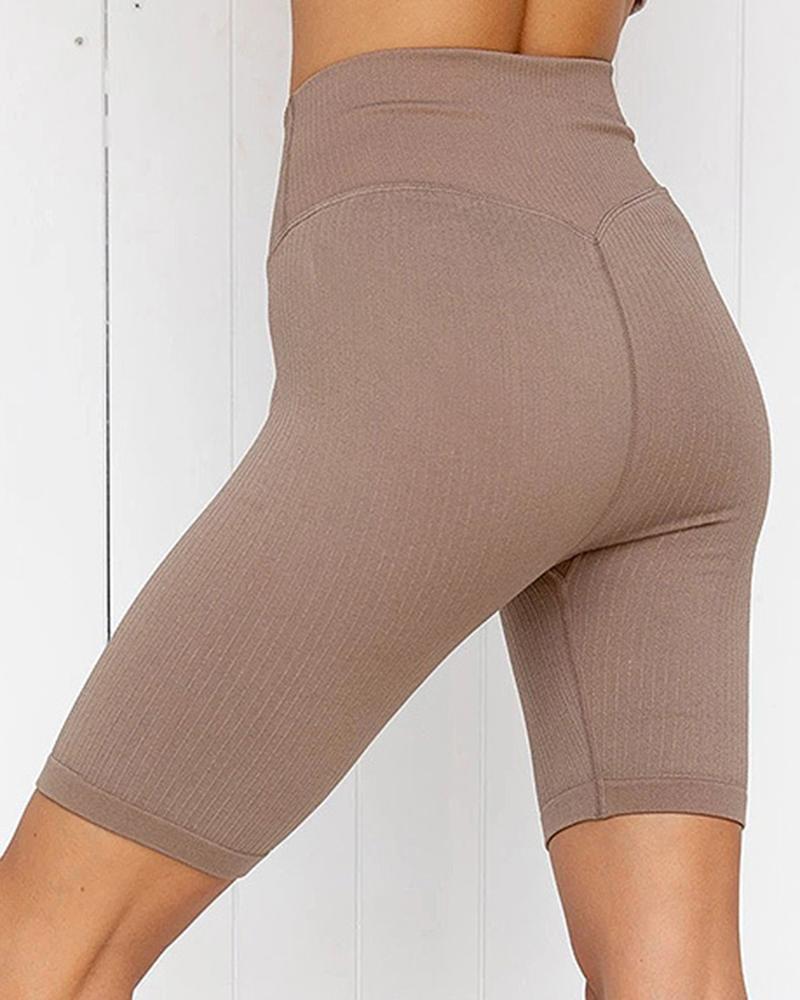Rib-knit Wide Waistband Butt Lifting Sports Shorts-Pinkami