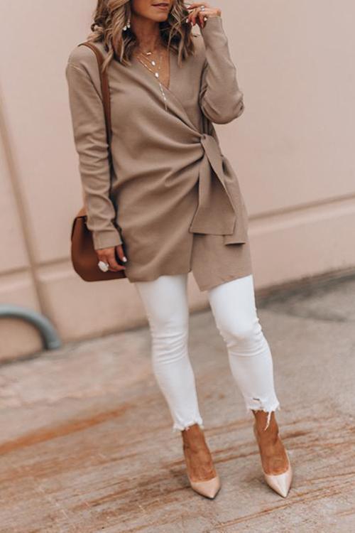 V Neck Belt Plain Cardigan-Pinkami