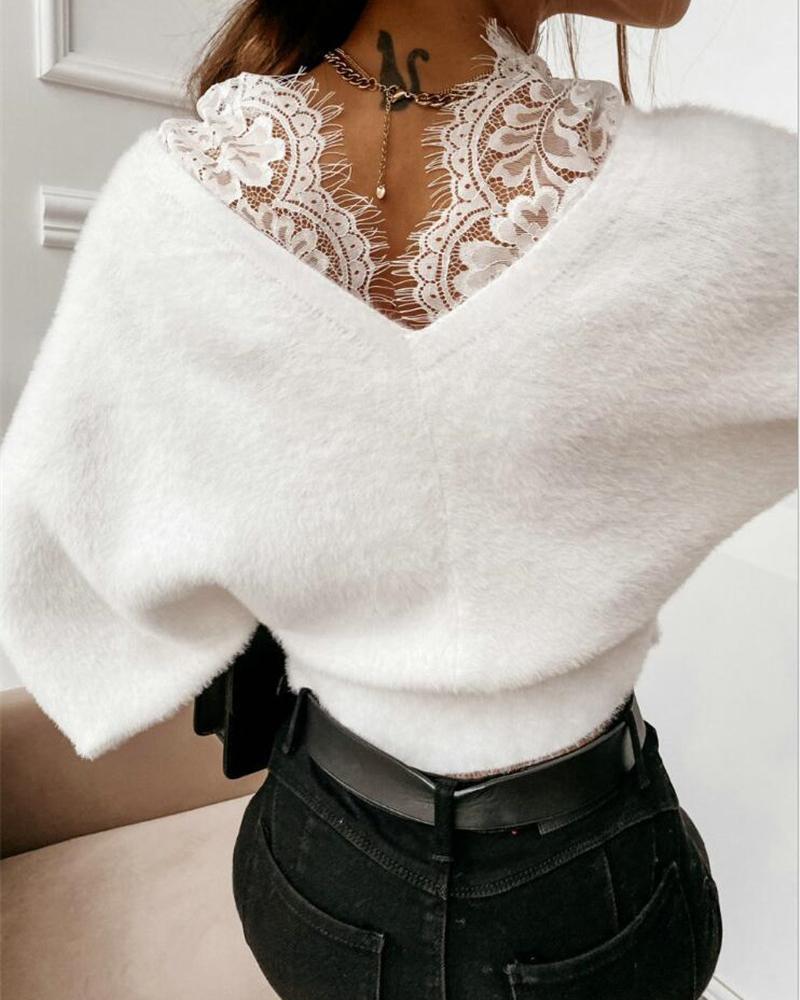 Solid Floral Lace Wrap Fuzzy Blouse-Pinkami