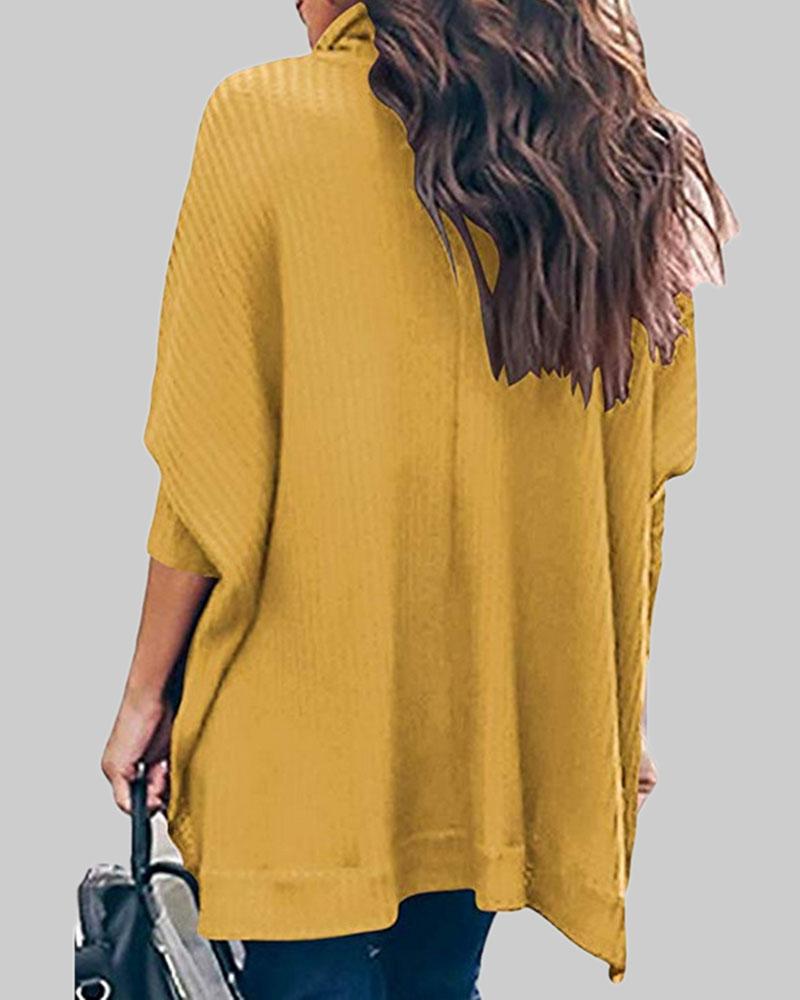 Solid Split Hem High Neck Sweater-Pinkami