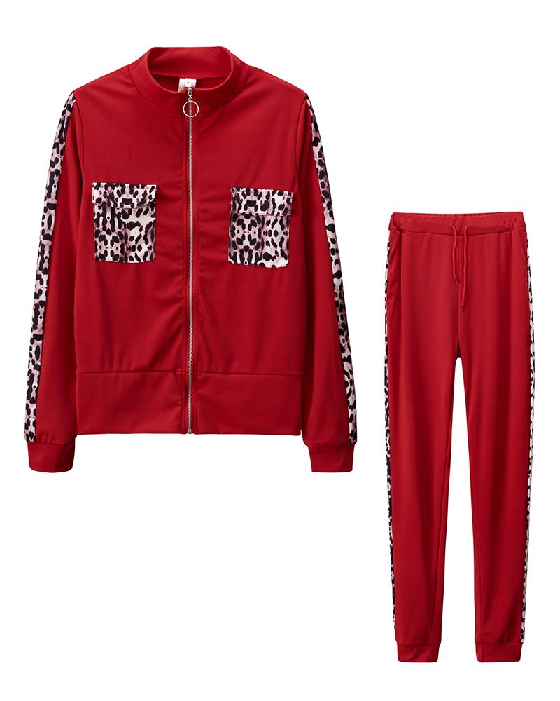Leopard Print Zip Up Jacket & Pants Set-Pinkami