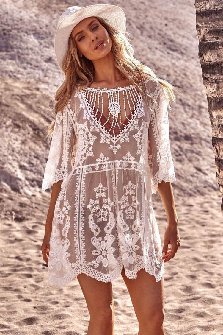 Sleeved Floral Lace Crochet Sheer Cover Up-Pinkami