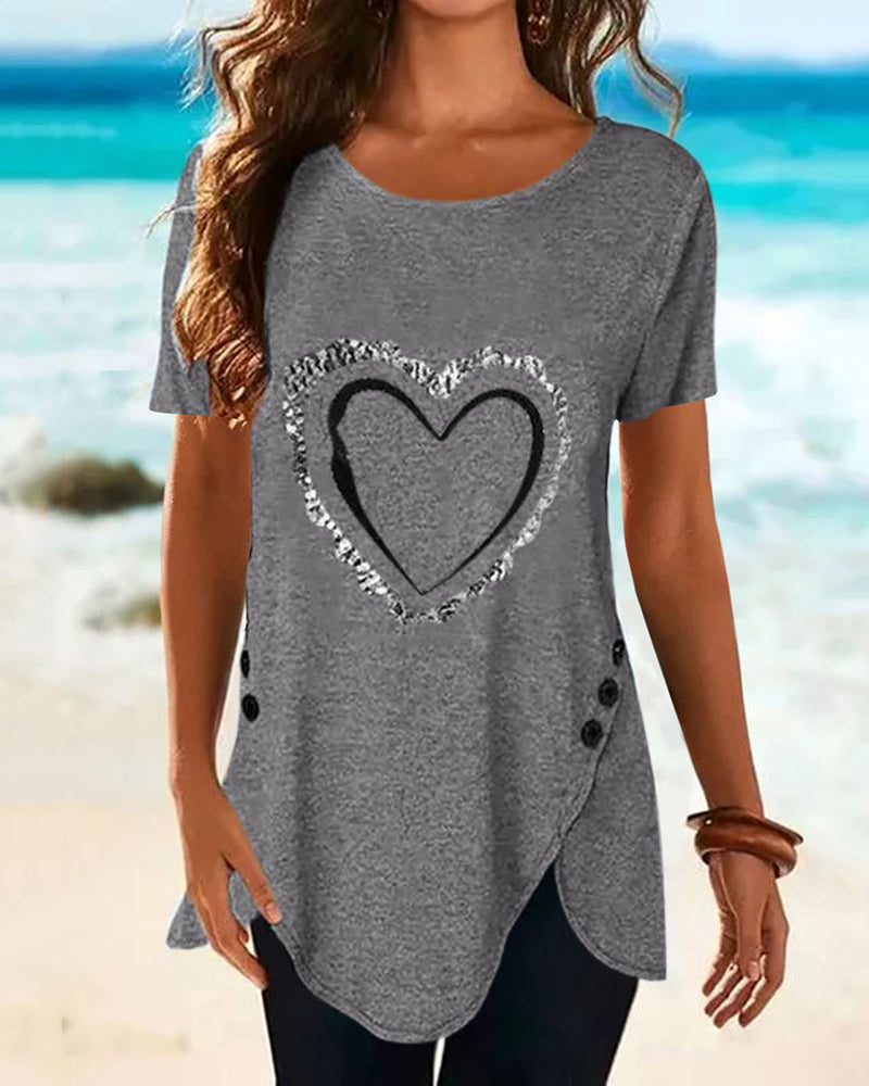 Heart Print Button Side Asymmetrical Hem T-Shirt-Pinkami