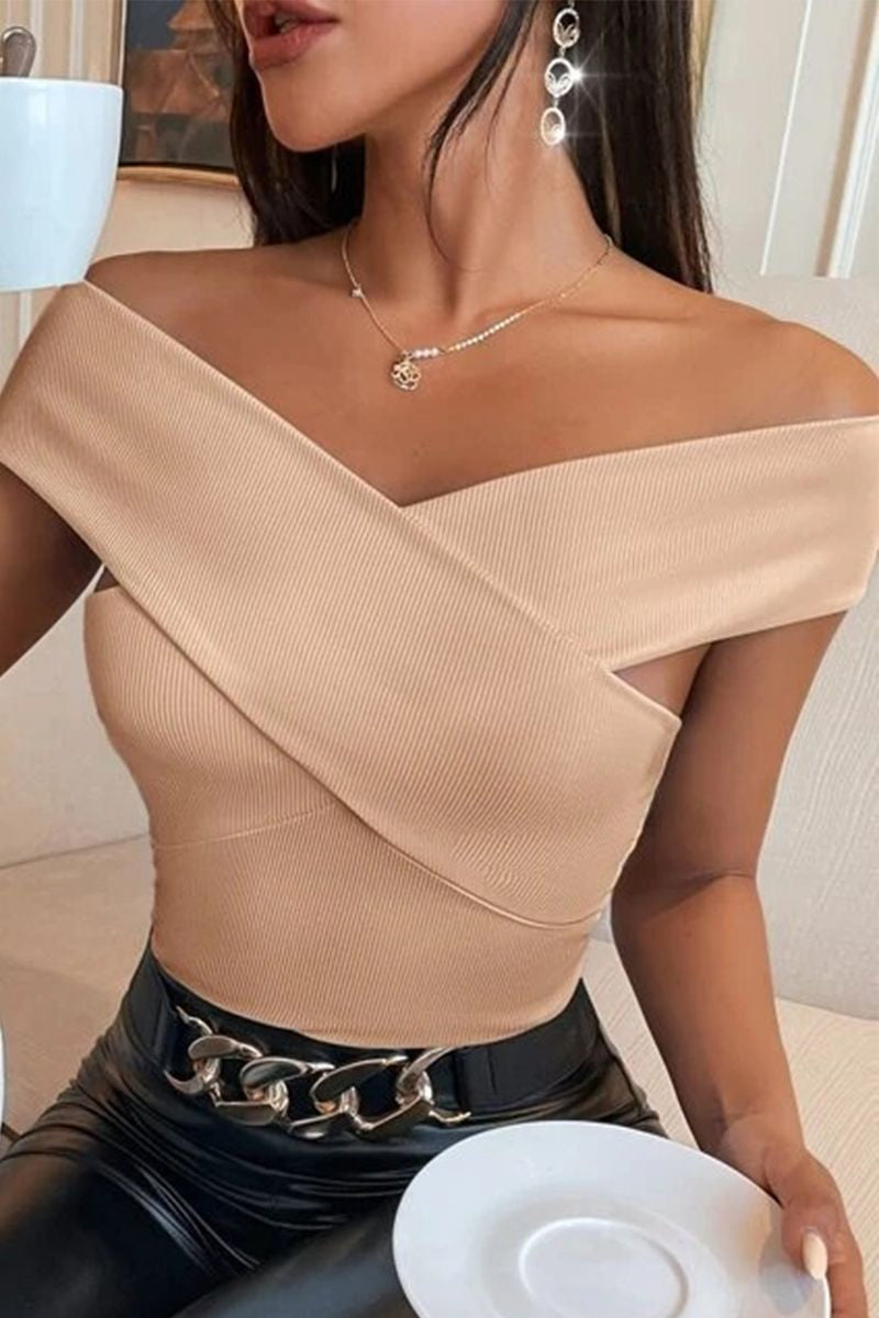 Solid Ribbed Criss Cross Off Shoulder T-Shirt-Pinkami