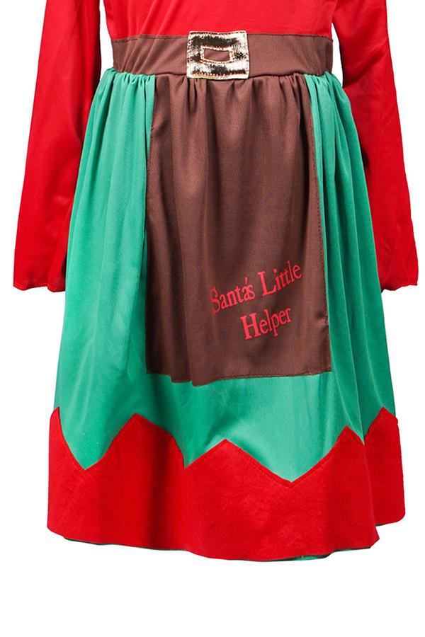 Long Sleeve Girls Christmas Santa Little Helper Elf Costume Dress Red-Pinkami