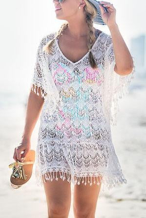 White Crochet Hollow Out Tassel V Neck Sexy Beach Cover Up Tunic-Pinkami