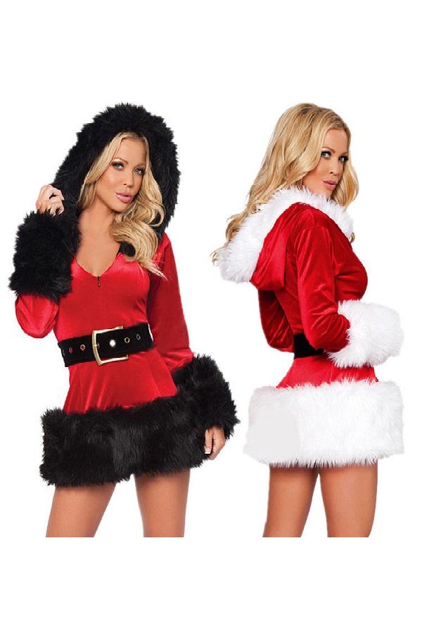 Hooded Santa Costume Sexy Mrs Santa Velvet Dress-Pinkami