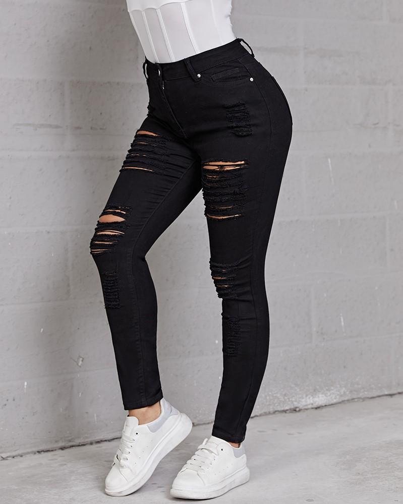 Women Hollow Out Distressed Skinny Jeans-Pinkami
