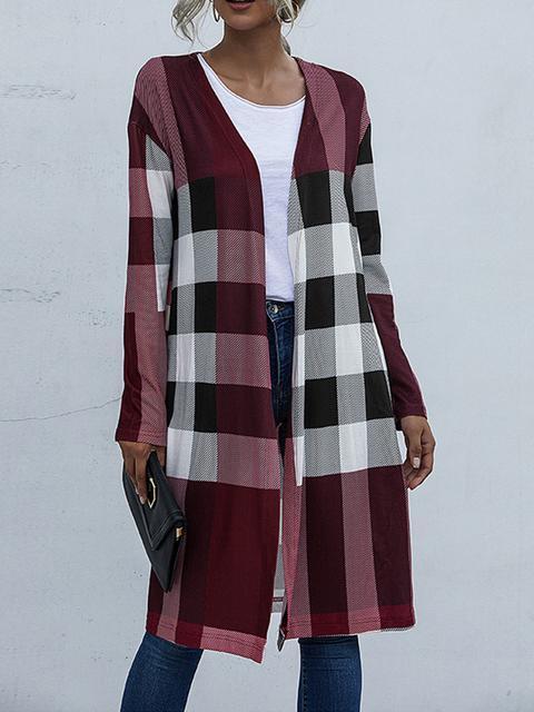 Plaid Print Long Cardigan Coat-Pinkami