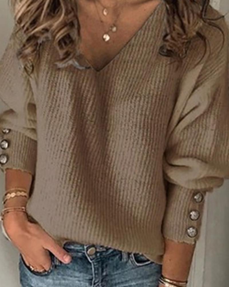 Solid Rib-Knit Button Detail V Neck Top-Pinkami