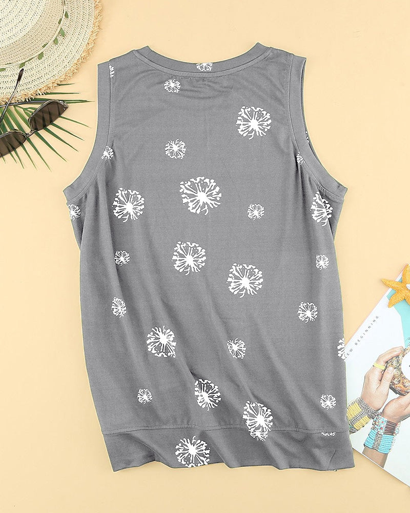 Dandelion Print Split Side Tank Top-Pinkami