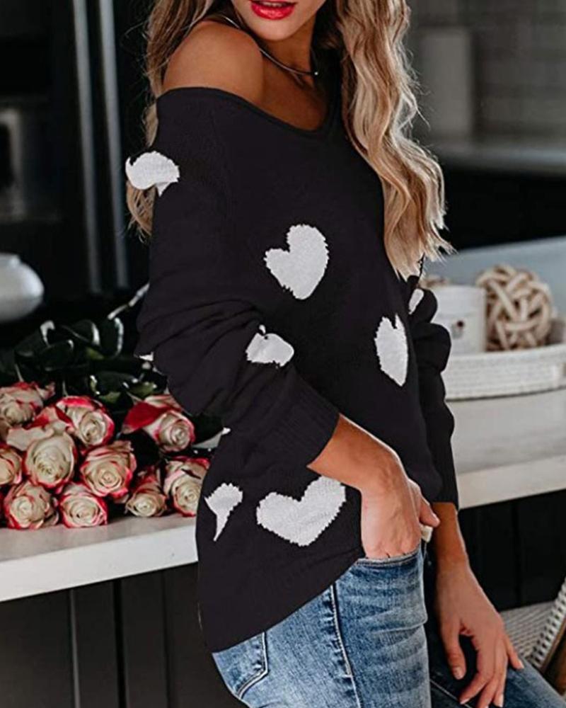 Heart Print Rib Knit Raglan Sleeve Sweater-Pinkami