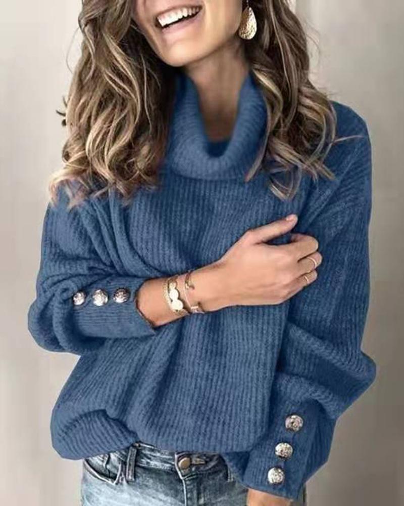 Solid Button Detail Ribbed High Neck Sweater-Pinkami