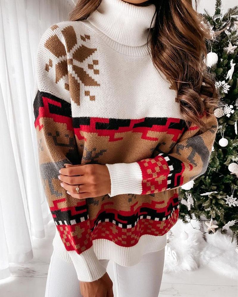 Colorblock Christmas Print Turtleneck Sweater-Pinkami