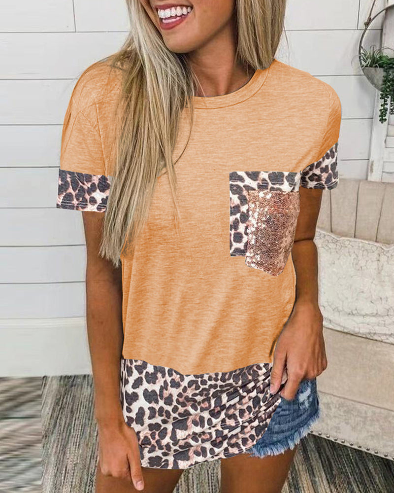 Contrast Leopard Sequin Patched Pocket T-Shirt-Pinkami