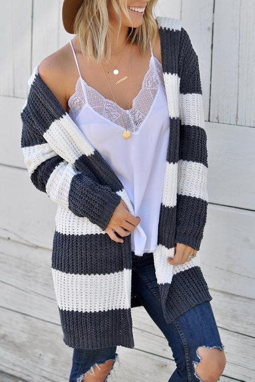 Simple Hooded Collar Striped Cardigan-Pinkami
