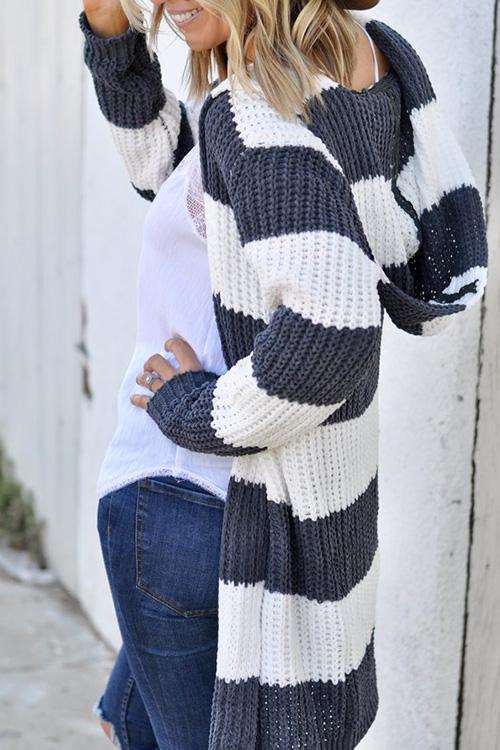 Simple Hooded Collar Striped Cardigan-Pinkami