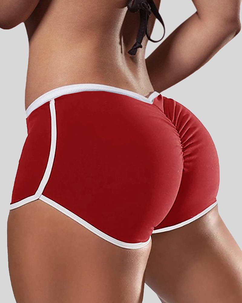 Solid Contrast Binding Ruched Shorts-Pinkami