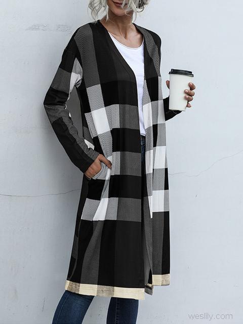 Plaid Print Long Cardigan Coat-Pinkami
