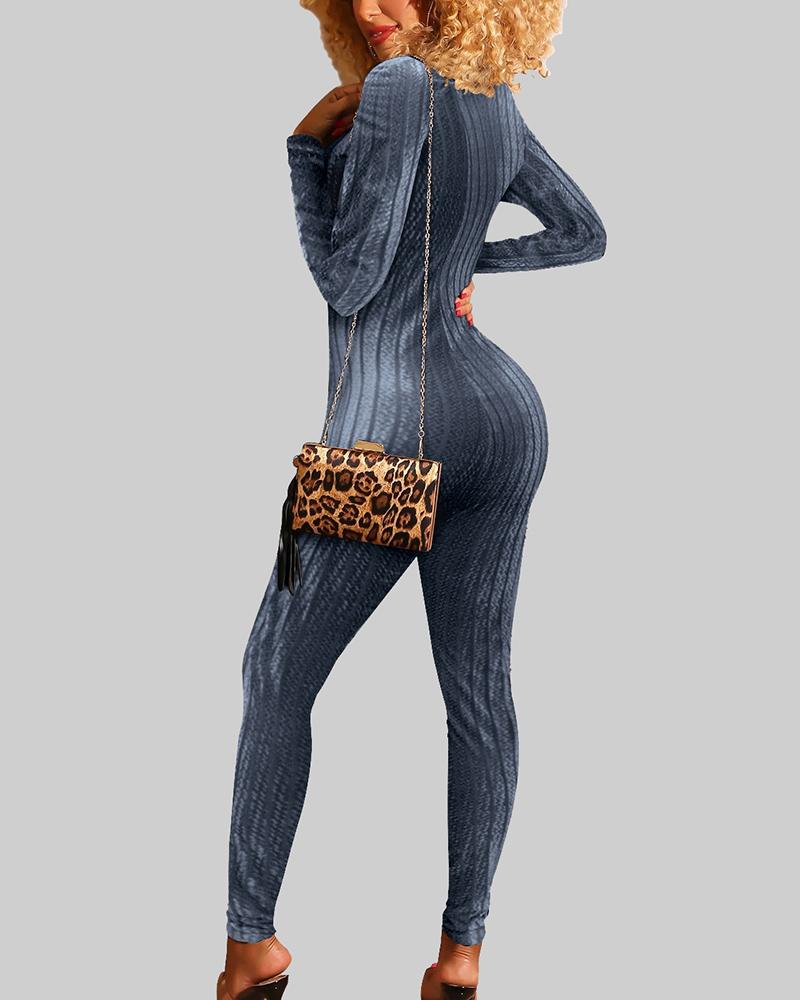 Chevron Pattern Mesh Insert Zip Up Casual Jumpsuit