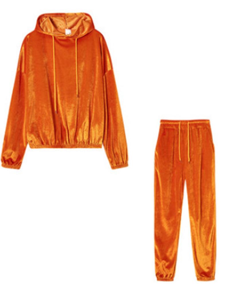 Solid Velvet Drawstring Detail Hoodie & Pants Set-Pinkami