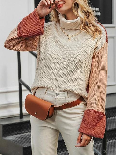 Color Block Loose Funnel Neck Sweater-Pinkami
