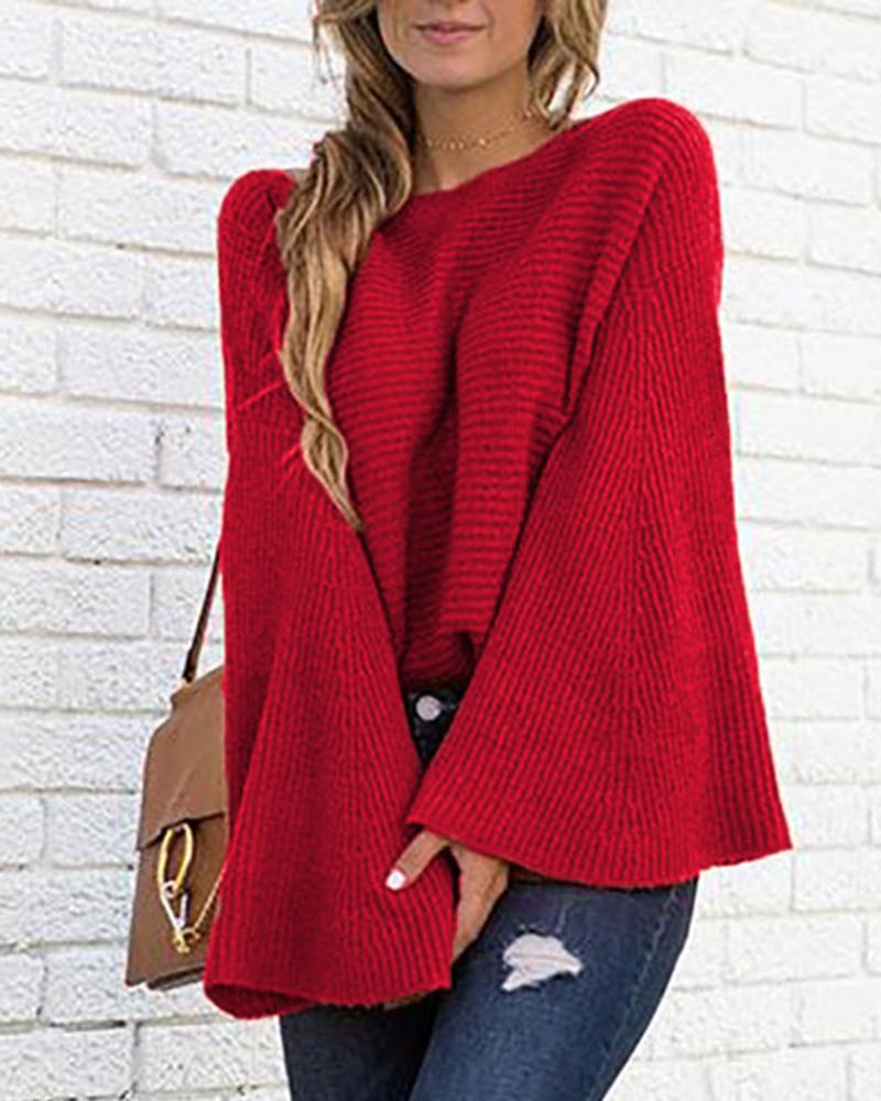 Solid Bell Sleeve Scoop Neck Sweater-Pinkami