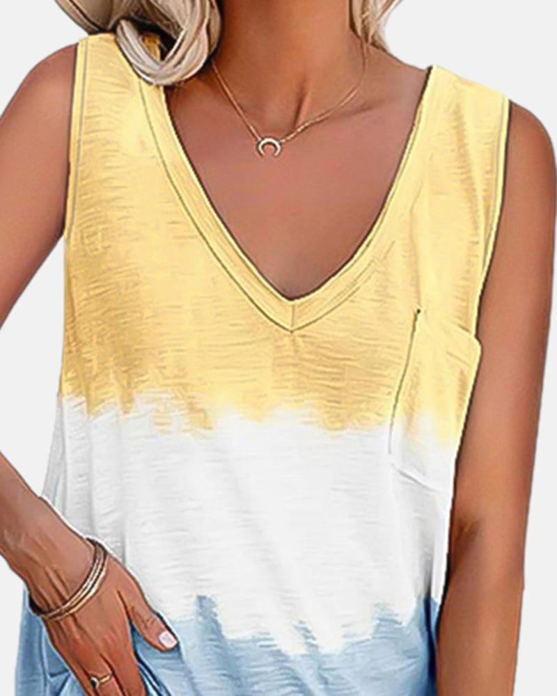 Tie Dye Pocket Front V Neck Tank Top-Pinkami