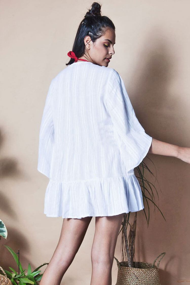 Pinstripe Half Sleeve Crochet Trim Button Down Cover Up Blouse-Pinkami