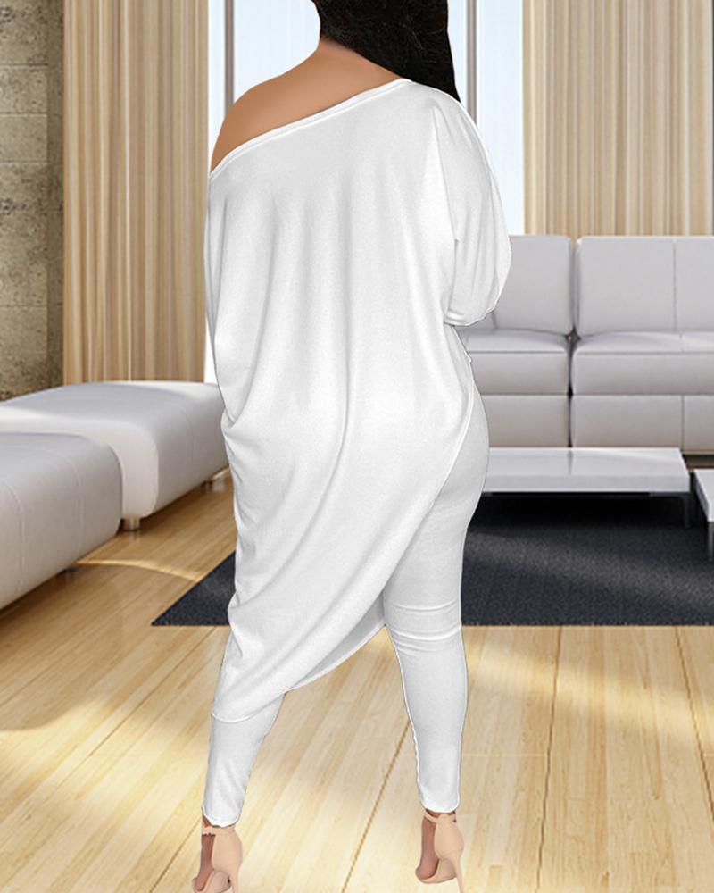 Solid Boat Neck Asymmetrical Long Sleeve Top & Pants Set-Pinkami