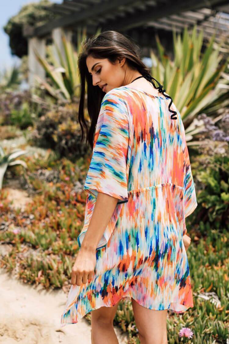 Colorful Tie Dye Drawstring Chiffon Cover Up-Pinkami