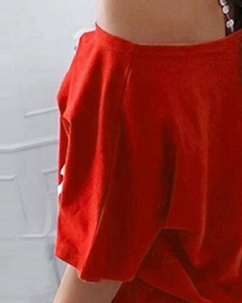 Anchor Print Half Sleeve Off Shoulder T-Shirt-Pinkami