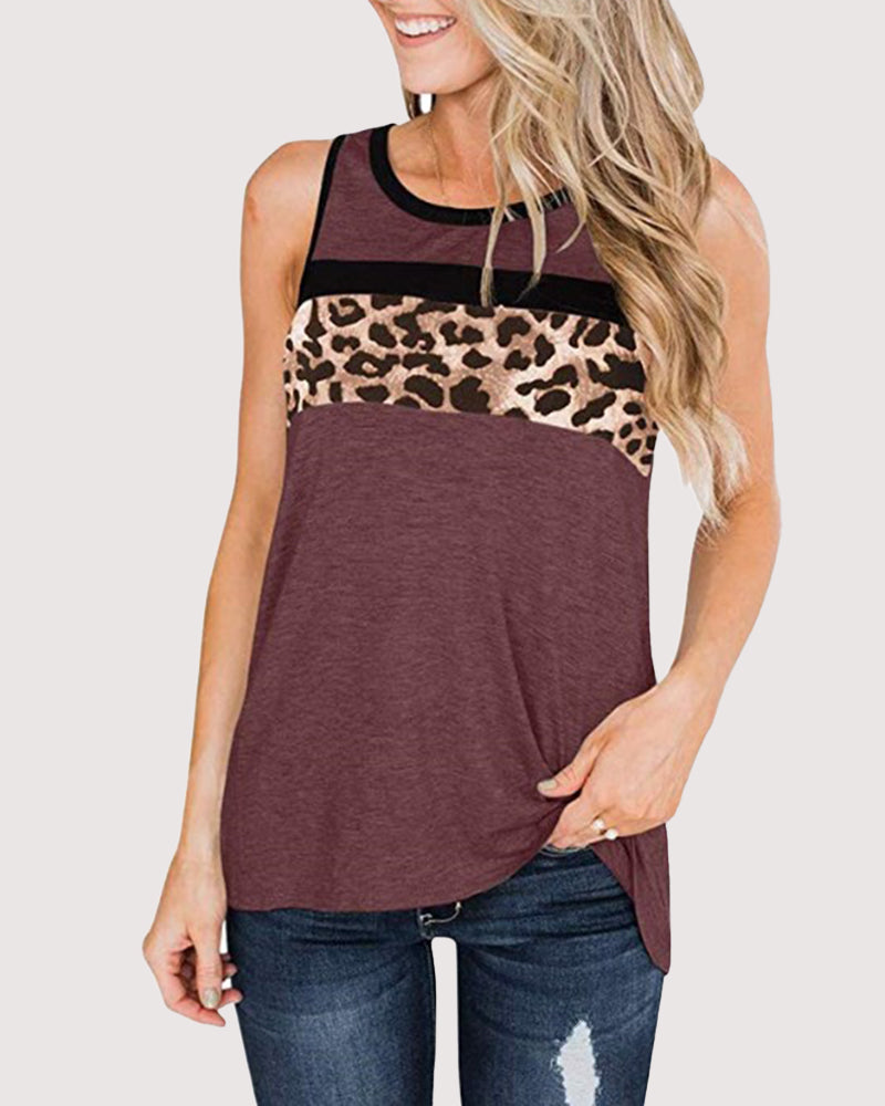 Leopard Contrast Binding Tank Top-Pinkami