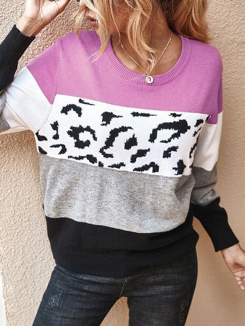 Color Block Leopard Patchwork Sweater-Pinkami