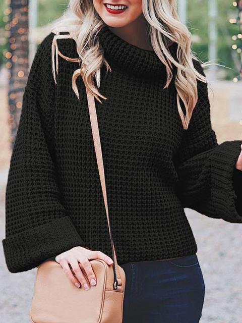 Casual Solid Color Knitted Turtleneck Sweater-Pinkami