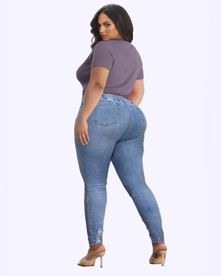 Women Plus Extreme Distressed Drawstring Waist Jeans-Pinkami