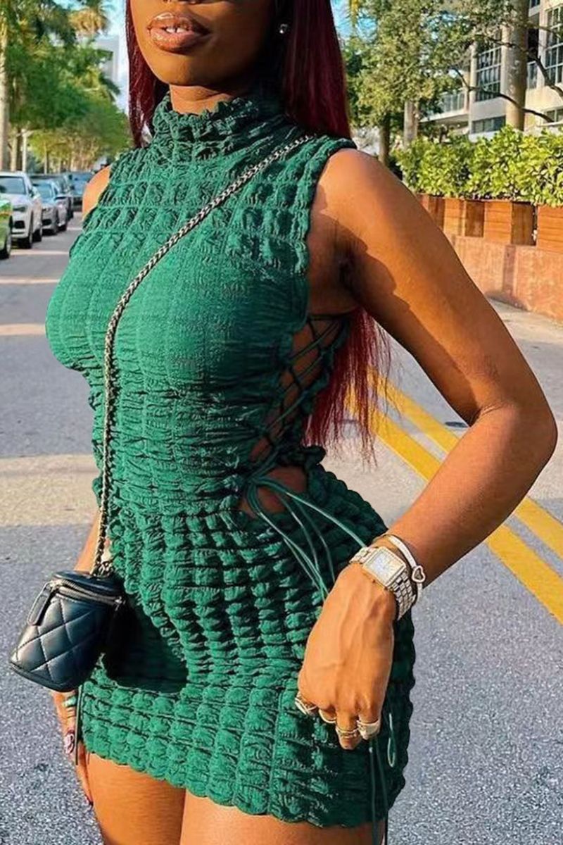 Smocked Lace Up Side Bodycon Dress