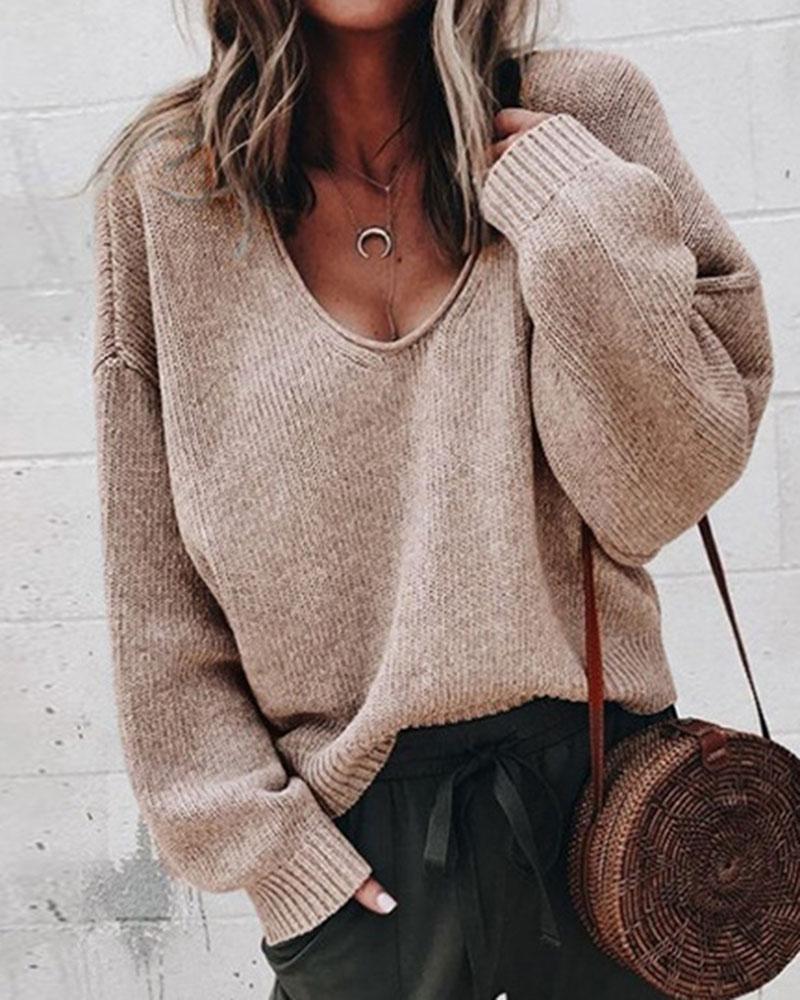 Solid Rib-knit Drop Shoulder Sweater-Pinkami