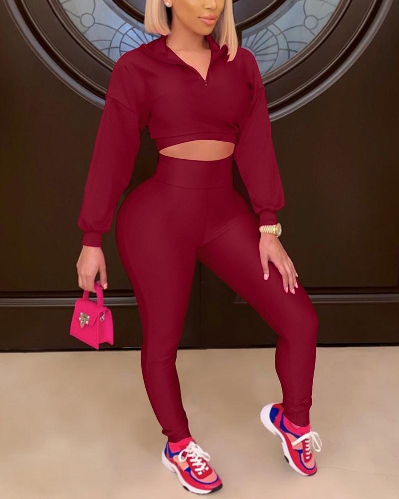 Solid Zip Front Crop Top & Skinny Pants Set