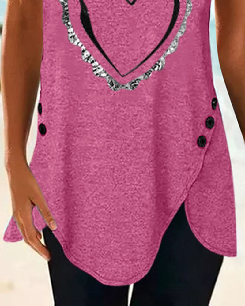 Heart Print Button Side Asymmetrical Hem T-Shirt-Pinkami