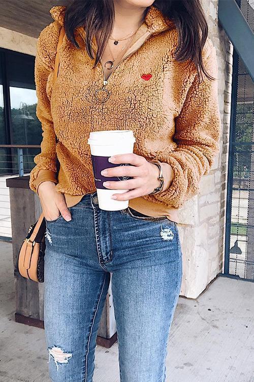 Lapel Zipper Love Embroidered Fur Sweater-Pinkami