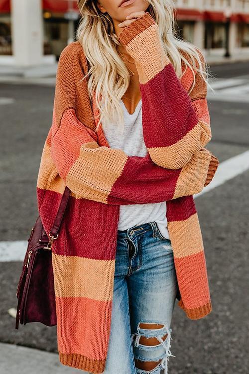 Contrast Stitching Sweater Cardigan-Pinkami