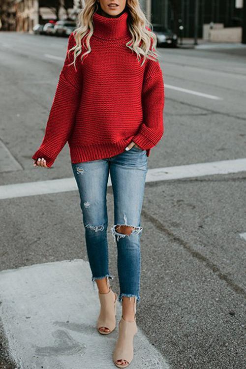 Solid Color Commuter Turtleneck Sweater Female-Pinkami