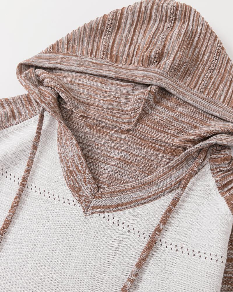 Colorblock Hollow Out Drawstring Hooded Sweater-Pinkami