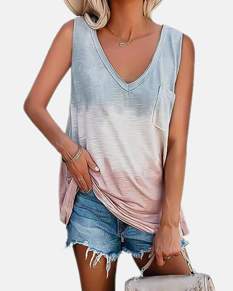 Tie Dye Pocket Front V Neck Tank Top-Pinkami